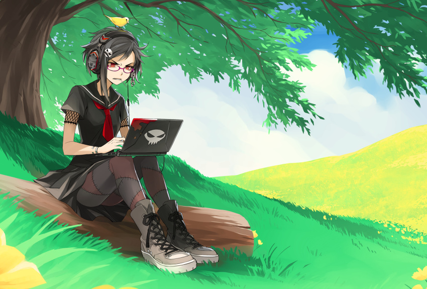 angry animal animal_on_head bird bird_on_head black_hair boots cloud commentary computer day english_commentary female glasses goth_fashion grass headphones kriss_sison laptop log mouth_hold on_head original pantyhose punk red_eyes school_uniform serafuku sitting skirt solo tree