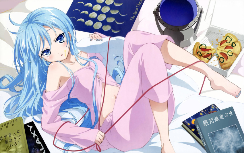 absurdres ahoge antenna_hair barefoot bed blue_eyes blue_hair book denpa_onna_to_seishun_otoko detexted feet female food highres long_hair looking_at_viewer lying nail_polish navel nishida_asako off_shoulder official_art on_back open_mouth pajamas pillow pizza pizza_box scan solo stomach third-party_edit toe-point toe_scrunch toenail_polish toenails toes touwa_erio very_long_hair