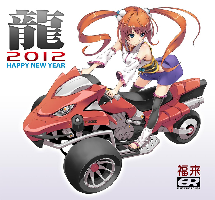 2012 blue_eyes chinese_zodiac commentary_request detached_sleeves female fukukitaru leg_warmers motor_vehicle motorcycle new_year original partial_commentary red_hair riding sandals solo thighhighs three-wheeler toeless_legwear toes twintails year_of_the_dragon