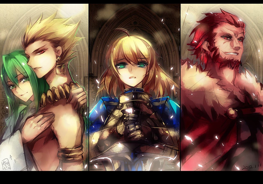 3boys armor artoria_pendragon_(fate) beard blonde_hair cape commentary_request dress enkidu_(fate) facial_hair fate/strange_fake fate/zero fate_(series) female gilgamesh_(fate) green_hair iskandar_(fate) jewelry long_hair multiple_boys necklace red_eyes red_hair saber_(fate) toga zuowen