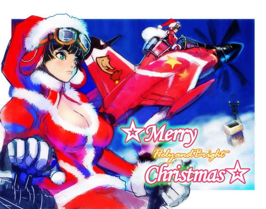 aircraft airplane breasts chimney christmas cleavage commentary_request female fur_trim gloves goggles hat large_breasts merry_christmas military original santa_costume santa_hat star_(symbol) ukatsu_juuzou xfy-1