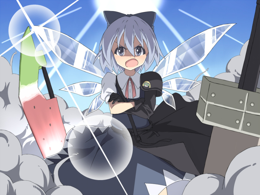 advent_cirno angry annoyed bad_id bad_pixiv_id blue_eyes blue_hair boko_(maniacpurple) bow cameo cirno dress female fusion_swords gloves gunbuster_pose hairbow keroro keroro_gunsou open_mouth parody ribbon short_hair solo sun sword tengen_toppa_gurren_lagann touhou weapon wings