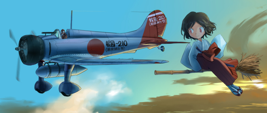 a5m aircraft airplane bamboo_broom broom broom_riding cloud commentary_request copyright_request female flying imperial_japanese_navy inui_(jt1116) japanese_clothes japanese_flag miko military short_hair sidesaddle smile solo sword tabi vehicle_focus weapon world_war_ii