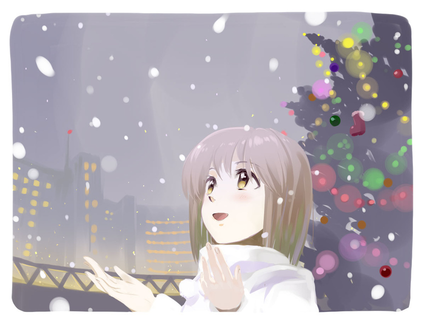 andou_shuki blush brown_hair christmas_tree city cityscape commentary_request female hagiwara_yukiho idolmaster idolmaster_(classic) looking_up short_hair skyline smile snowflakes snowing solo yellow_eyes