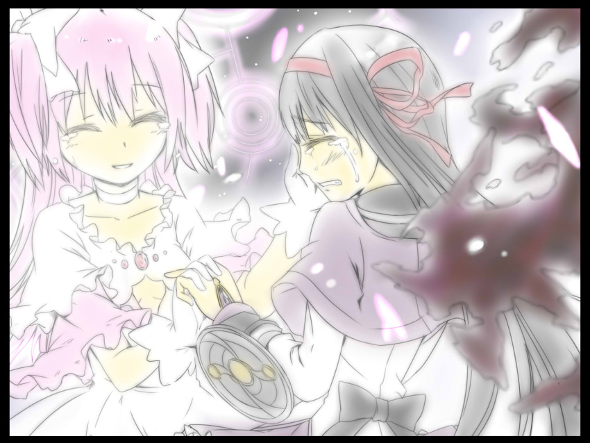 2girls akemi_homura akemi_homura_(magical_girl) bad_id bad_pixiv_id black_hair border gloves hand_on_another's_cheek hand_on_another's_face highres holding_hands interlocked_fingers kaname_madoka long_hair magical_girl mahou_shoujo_madoka_magica mahou_shoujo_madoka_magica_(anime) multiple_girls nonone_(the9thxsheep) pink_hair ribbon smile spoilers tears ultimate_madoka