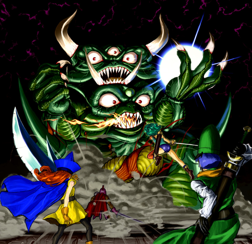 2boys 2girls alena_(dq4) armor asymmetrical_clothes battle breath_weapon breathing_fire cape claws clift commentary_request curly_hair death_pisaro dragon_quest dragon_quest_iv dress energy_ball extra_eyes fangs fire gloves green_hair hat helmet heroine_(dq4) hiraemon horns long_hair monster multiple_boys multiple_girls orange_hair pantyhose pisaro ryan_(dq4) short_hair single_thighhigh spikes sword thighhighs weapon