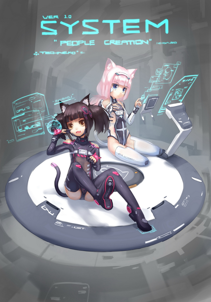 2girls animal_ears bad_id bad_pixiv_id black_hair blue_eyes borrowed_character brown_eyes cat_ears cat_tail chocola_(nekopara) highres multiple_girls nekopara observerz pink_hair tail thighhighs vanilla_(nekopara)