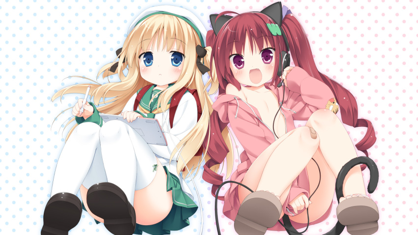 2girls :< :d animal_ears backpack bag bandaid bandaid_on_knee bandaid_on_leg beret blonde_hair blue_eyes blush cat_tail commentary_request covering_crotch covering_privates drill_hair fake_animal_ears flat_chest hair_ornament hair_ribbon hat hazuki_watora headphones highres hood hoodie kani_biimu long_hair multiple_girls naked_hoodie oerba_yun_fang off_shoulder open_clothes open_mouth original pleated_skirt polka_dot polka_dot_background purple_eyes randoseru red_hair ribbon sandals school_uniform serafuku shimotsuki_potofu shoes short_twintails sitting skirt smile tail thighhighs twintails two_side_up very_long_hair white_background white_legwear