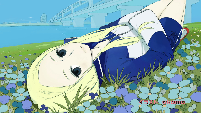 anime_screenshot arakawa_under_the_bridge blonde_hair blue_eyes bridge dutch_angle end_card female flower hands_in_pockets highres jacket long_hair looking_at_viewer lying nino_(arakawa) okama on_back river shorts solo track_jacket upside-down water