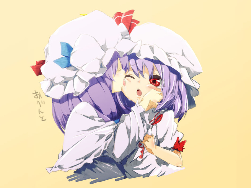 2girls blush capelet closed_eyes commentary_request dress hand_on_another's_cheek hand_on_another's_face hat hat_ribbon lefthand licking multiple_girls one_eye_closed open_mouth patchouli_knowledge purple_hair red_eyes remilia_scarlet ribbon touhou upper_body yuri