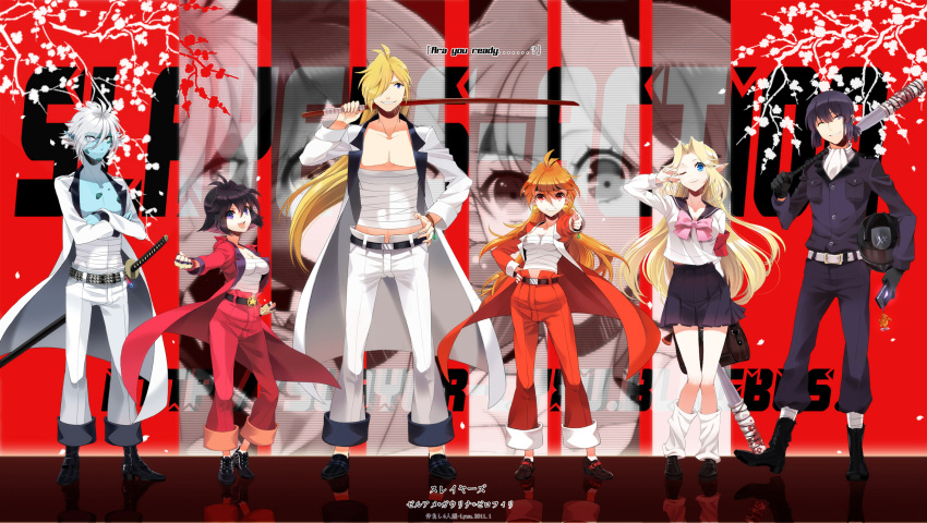 3boys 3girls :d ahoge amelia_wil_tesla_seyruun bag banchou baseball_bat belt black_hair blonde_hair blue_eyes blue_skin bow bracelet chinese_commentary clenched_hands closed_eyes coat collar colored_skin commentary_request crossed_arms dated delinquent earrings english_text engrish_text everyone filia_ul_copt gourry_gabriev grin hand_on_own_hip happy helmet highres jewelry kneehighs lina_inverse long_hair lyxu multiple_boys multiple_girls one_eye_closed open_mouth orange_hair pants parted_bangs pink_bow pointy_ears purple_eyes ranguage red_eyes ribbon sarashi school_bag school_uniform shoes short_hair skirt slayers slayers_try smile socks star_(symbol) sword weapon white_hair xelloss zelgadiss_graywords zoom_layer