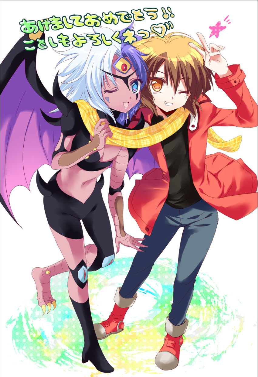 1boy bad_id bad_pixiv_id blue_eyes brown_eyes brown_hair claws colored_skin couple demon_wings duel_academy_uniform_(yu-gi-oh!_gx) duel_monster female high_heels highres ikura_nagisa jacket multicolored_hair one_eye_closed painttool_sai_(medium) purple_hair purple_skin scarf shoes single_shoe smile split-color_hair straight third_eye two-tone_hair v white_hair wings yu-gi-oh! yu-gi-oh!_gx yubel yuki_judai