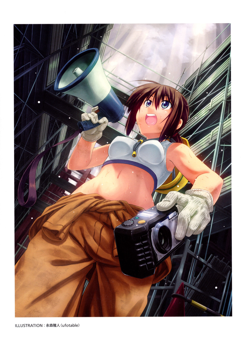 absurdres annotated armpits artist_name bare_shoulders blue_eyes breasts brown_hair camera clothes_around_waist construction construction_site construction_worker crop_top digicame_shoujo_hyakkei dirty female foreshortening from_below gloves hard_hat helmet highres jacket jacket_around_waist megaphone midriff nagamori_masato navel non-web_source open_mouth original perspective ponytail scan solo sweat tank_top