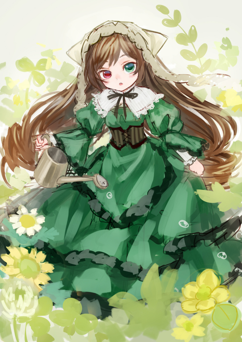 absurdres ama-tou brown_hair capelet commentary_request corset dress female flower green_dress green_eyes hairband heterochromia highres long_hair open_mouth red_eyes rozen_maiden solo suiseiseki watering watering_can