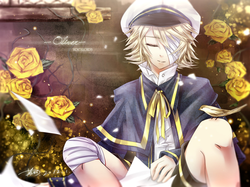 animal bandage bird blonde_hair flowers hat oliver ranyun ribbons rose signed vocaloid