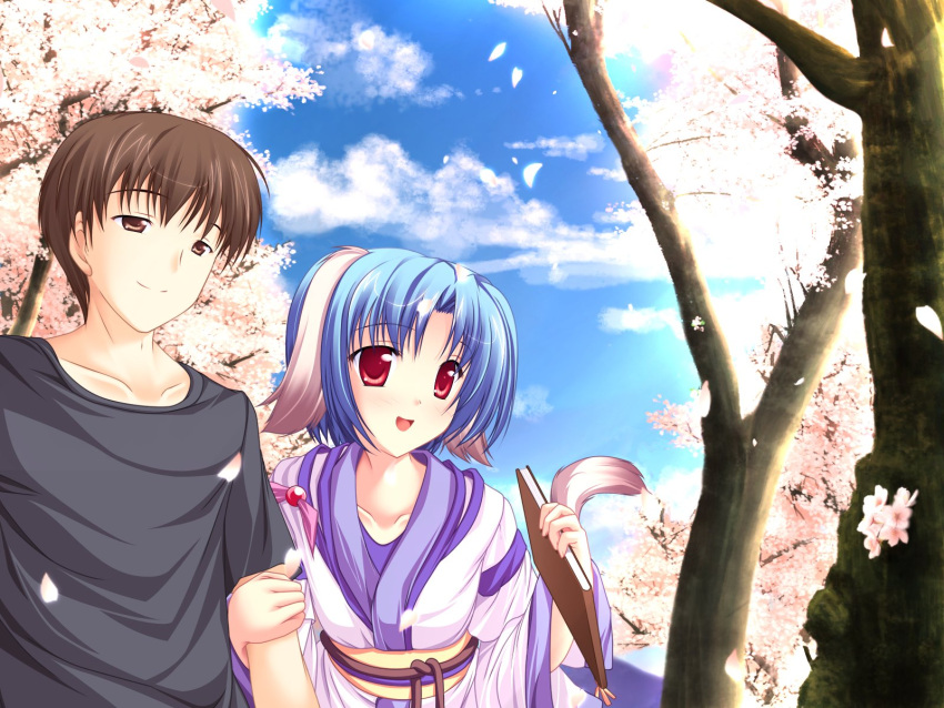 animal_ears blue_hair doggirl flowers game_cg haruhi_sarasa inakoi japanese_clothes red_eyes short_hair whirlpool