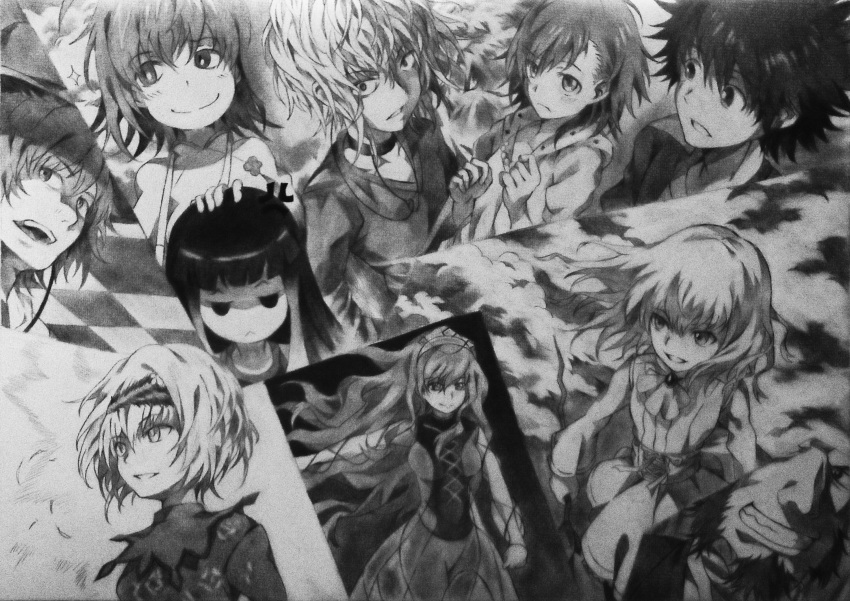 3boys 6+girls :< accelerator_(toaru_majutsu_no_index) anger_vein bad_id bad_pixiv_id cendrillon checkered gradient_hair greyscale hamazura_shiage highres holding holding_wand kamijou_touma kuroyoru_umidori leivinia_birdway lolicon long_hair misaka_worst monochrome multicolored_hair multiple_boys multiple_girls neko_(yanshoujie) open_mouth photoshop_(medium) roberto_katze saronia_a_irivika short_hair toaru_majutsu_no_index toaru_majutsu_no_index:_new_testament two-tone_hair wand