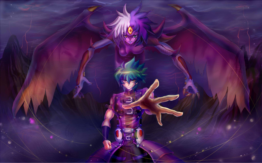 1boy bad_id bad_pixiv_id claws colored_skin dark_persona demon_girl demon_wings female green_eyes heterochromia highres johan_andersen lightning multicolored_hair purple_hair purple_skin richestmary smile third_eye two-tone_hair white_hair wings yu-gi-oh! yu-gi-oh!_gx yubel