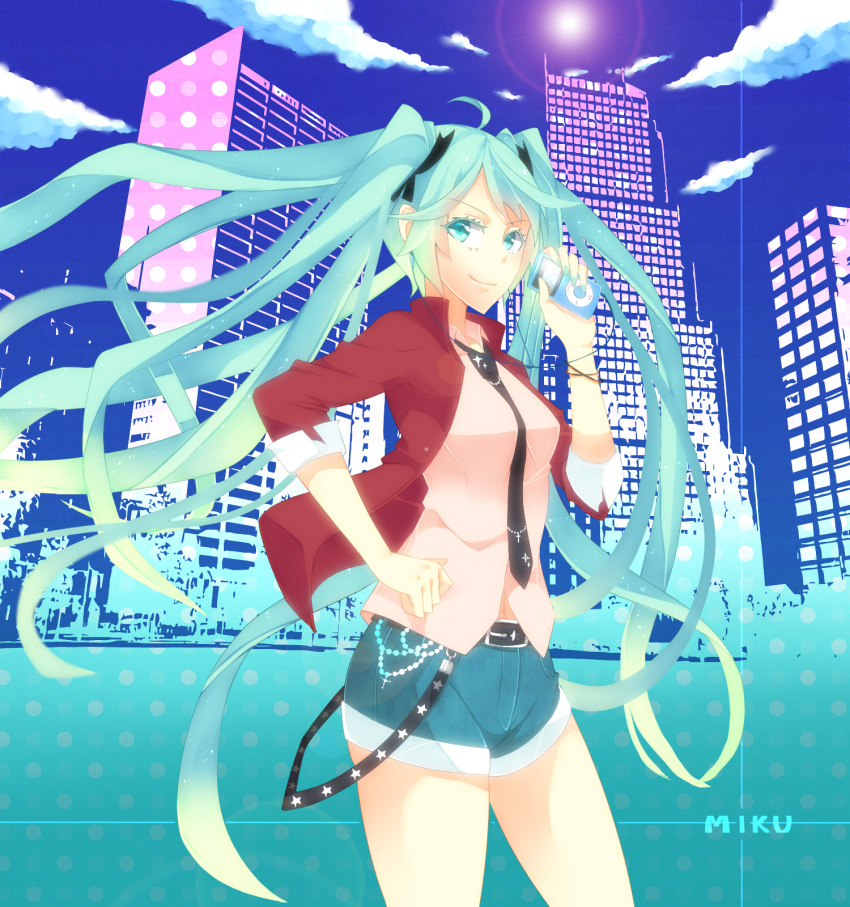 ahoge aqua_eyes aqua_hair aqua_shorts belt city cloud colorized commentary_request digital_media_player earbuds earphones female hatsune_miku highres ipod long_hair mosa necktie puuzaki_puuna short_shorts shorts sky smile solo twintails very_long_hair vocaloid