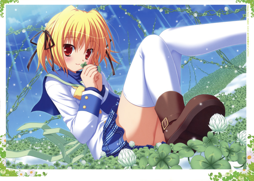 absurdres blonde_hair clover clover_point female four-leaf_clover highres legs red_eyes school_uniform sitting solo takanashi_yaya thighhighs two_side_up white_thighhighs yuyi