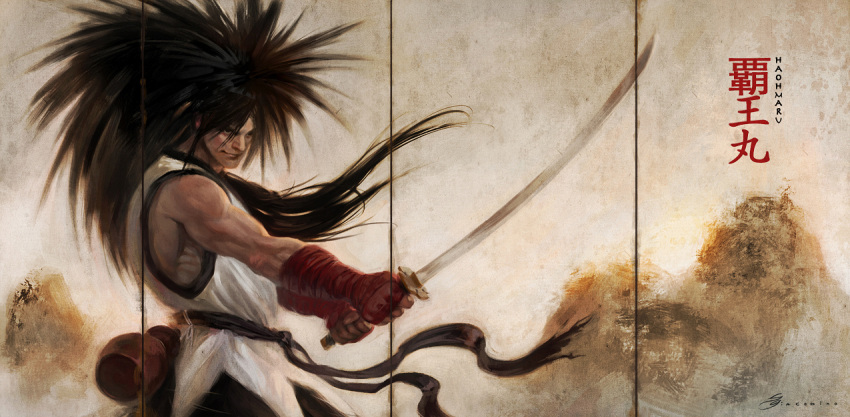 1boy black_hair commentary_request haoumaru japanese_clothes katana long_hair male_focus photoshop_(medium) samurai_spirits sebastian_giacobino solo sword weapon