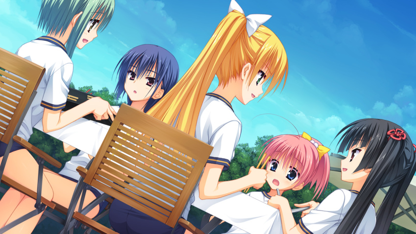 5girls ahoge black_hair blonde_hair blue_eyes blue_hair brown_eyes eye_contact game_cg green_eyes green_hair gym_uniform hair_ornament kanemoto_akari kobuichi kunihiro_hinata long_hair looking_at_another masamune_shizuru multiple_girls muririn nagamitsu_maya noble_works open_mouth outdoors pink_hair ponytail sitting sky tsukiyama_sena twintails