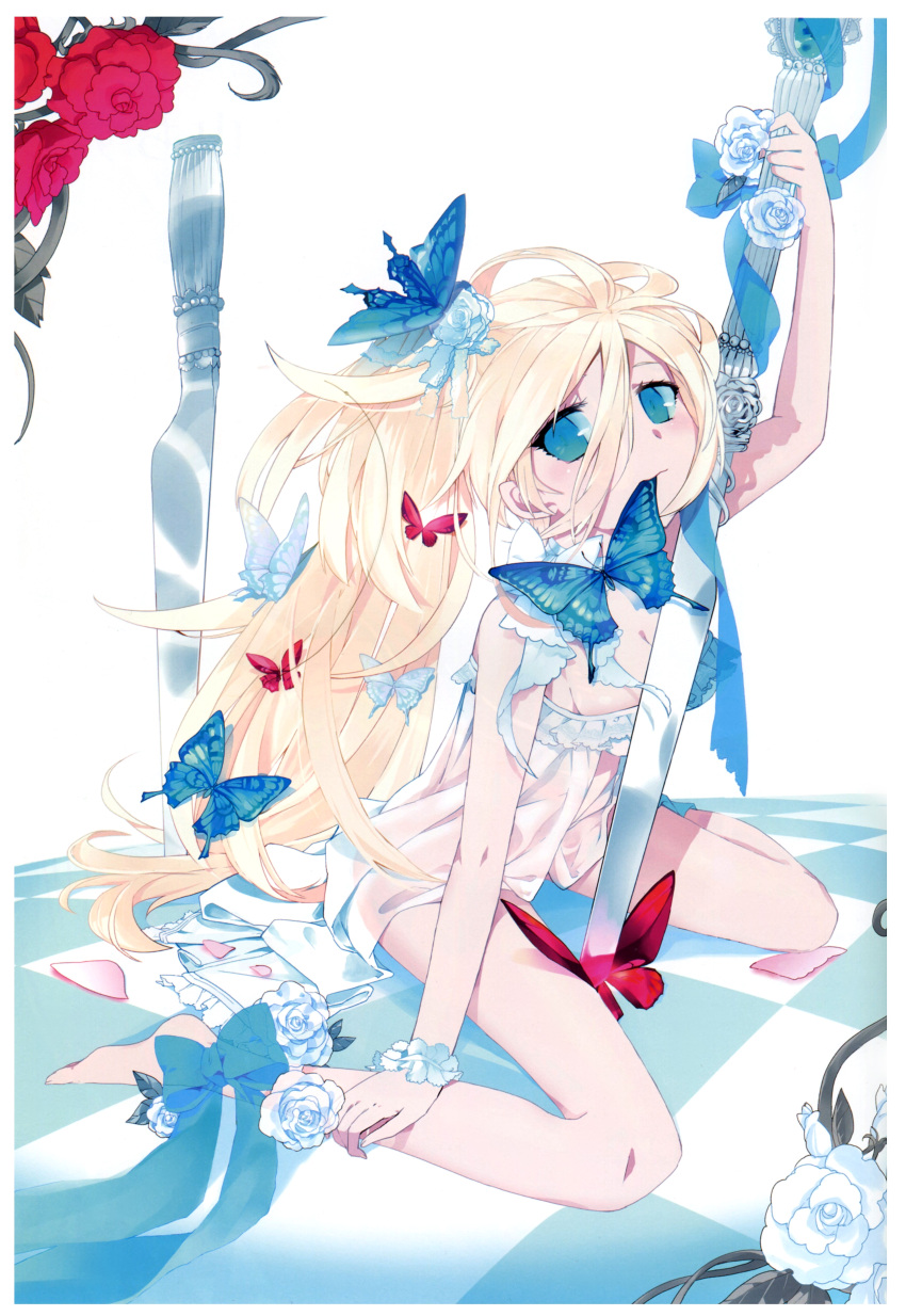 absurdres aqua_eyes barefoot blonde_hair border bow bug butterfly copyright_request female flower hair_flower hair_ornament highres knife mizu mouth_hold petals photoshop_(medium) scan scepter sitting solo white_border wristband