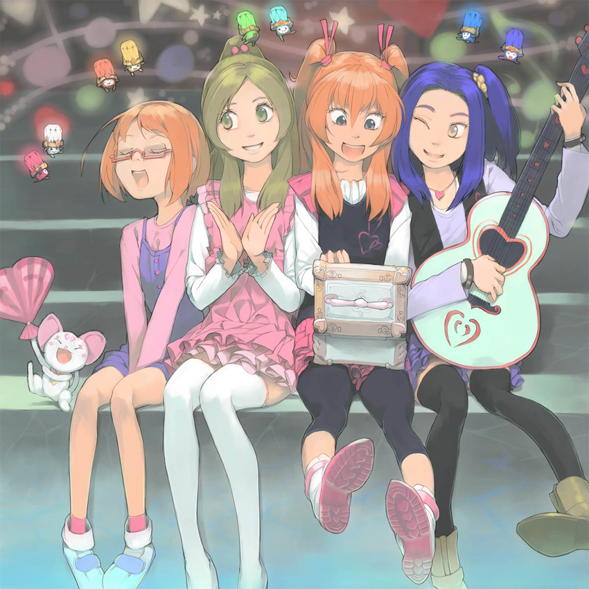 4girls acoustic_guitar akinbo_(hyouka_fuyou) bad_id bad_pixiv_id black_legwear blonde_hair blue_hair brown_hair closed_eyes dodory dory eyelashes fary glasses grin guitar half_updo heart highres houjou_hibiki hummy_(suite_precure) instrument jewelry kurokawa_eren lary leggings long_hair minamino_kanade miry multiple_girls necklace one_eye_closed open_mouth orange_hair photoshop_(medium) precure red-framed_eyewear rery seiren_(suite_precure) shirabe_ako short_hair smile sory suite_precure thighhighs tiry v_arms white_legwear