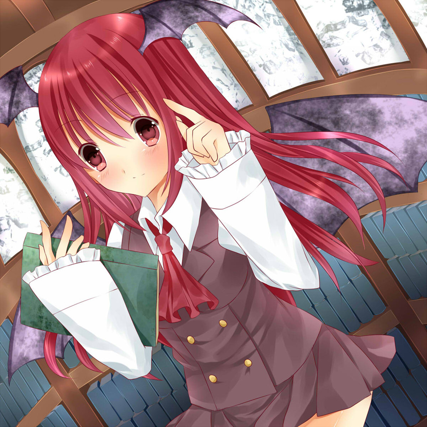 ascot bad_id bad_pixiv_id bat_wings book bookshelf dress_shirt dutch_angle female head_wings highres koakuma light_smile long_hair pleated_skirt red_eyes red_hair saijou_haruki shirt skirt skirt_set solo touhou vest wings