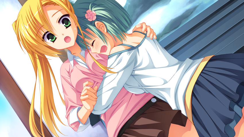 blonde_hair game_cg green_eyes green_hair kanemoto_akari kobuichi muririn noble_works tsukiyama_sena