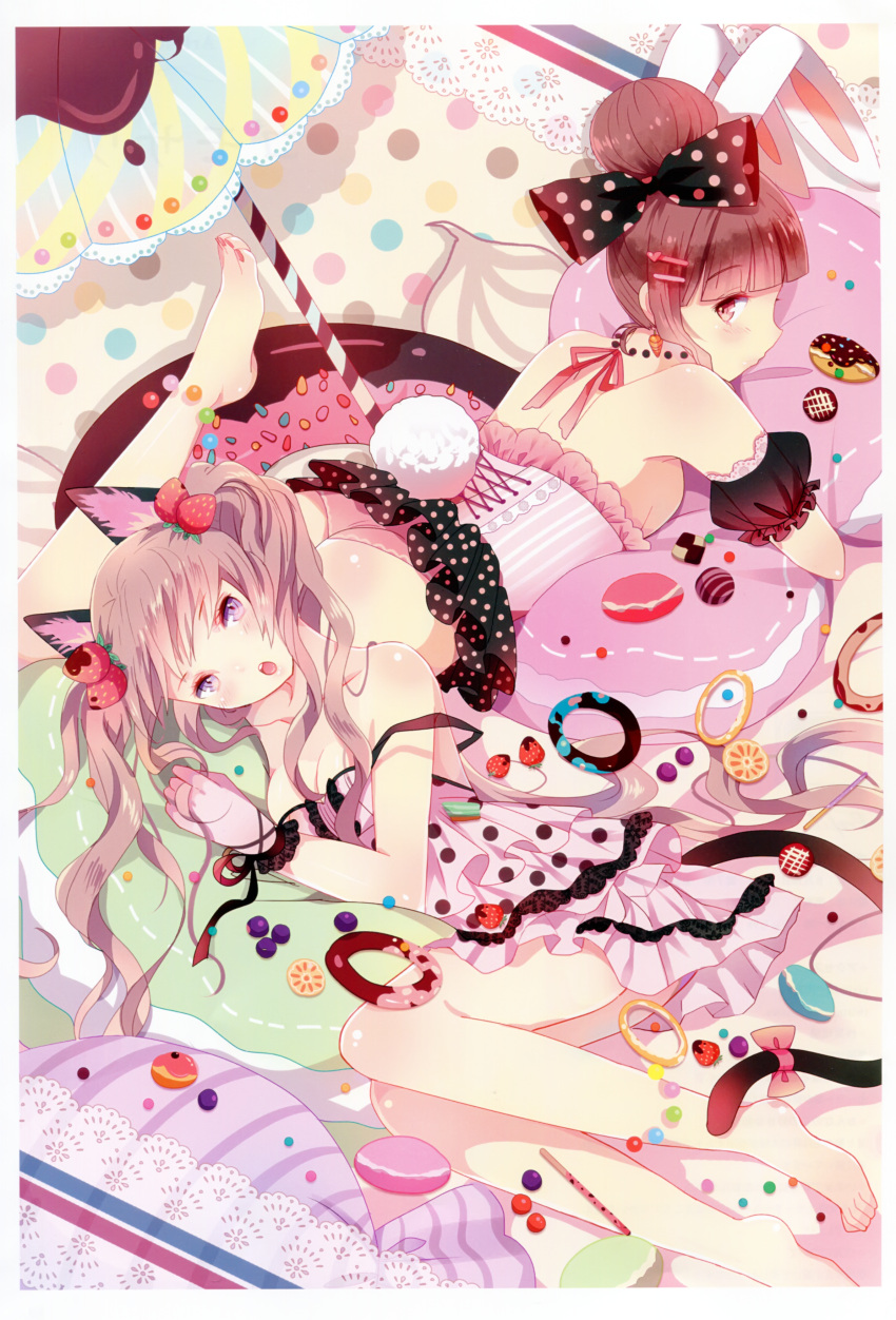 2girls :o absurdres animal_ears barefoot bow breasts cat_ears cat_tail checkerboard_cookie cleavage cookie copyright_request domotolain food fruit hair_bun hair_ornament hairbow highres looking_back macaron medium_breasts multiple_girls pastry pocky rabbit_ears rabbit_tail single_hair_bun strawberry strawberry_pocky tail twintails