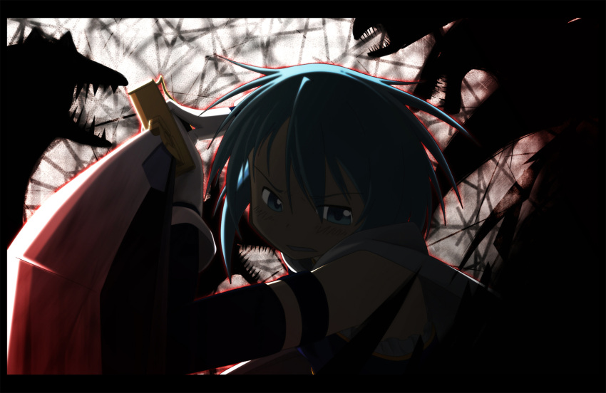 armband battle blue_eyes blue_hair clenched_teeth commentary_request female foreshortening gloves highres kama_iruka letterboxed magical_girl mahou_shoujo_madoka_magica mahou_shoujo_madoka_magica_(anime) miki_sayaka miki_sayaka_(magical_girl) photoshop_(medium) sebastians_(madoka_magica) sword teeth weapon witch's_labyrinth