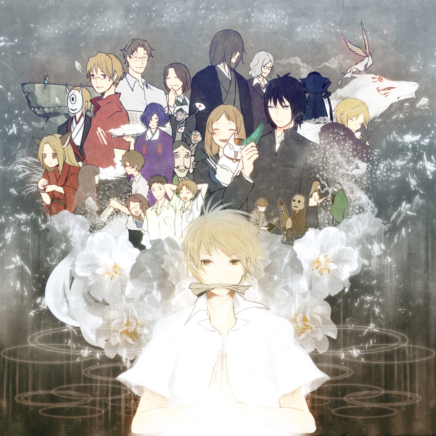 6+boys animal_ears bad_id bad_pixiv_id black_hair blonde_hair brown_hair chobihige_(natsume) flower fox_ears fujiwara_shigeru fujiwara_touko highres hiiragi_(natsume) hiko_(lg612) hinoe_(natsume) japanese_clothes kimono kitamoto_atsushi kogitsune_(natsume_yuujinchou) madara_(natsume_yuujinchou) matoba_seiji michiyuki mouth_hold multiple_boys natori_shuichi natsume_reiko natsume_takashi natsume_yuujinchou nishimura_satoru ofuda sasada_jun short_hair taki_tooru tanuma_kaname yellow_eyes