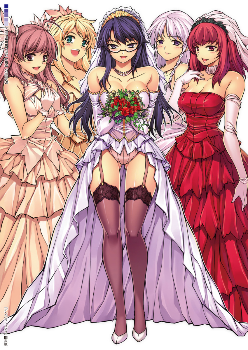 5girls ahoge bare_shoulders black_legwear blonde_hair breasts caroline cleavage dress elbow_gloves eun_ami garter_straps glasses gloves green_eyes ha_ji-soo hae-young_na highres lace lace-trimmed_legwear lace_trim large_breasts long_hair looking_at_viewer multiple_girls park_jae-kyung purple_eyes purple_hair red_dress red_eyes red_hair showgirl_skirt silver_hair smile soo-hyon_lee thighhighs twintails unbalance_unbalance veil wedding_dress white_gloves