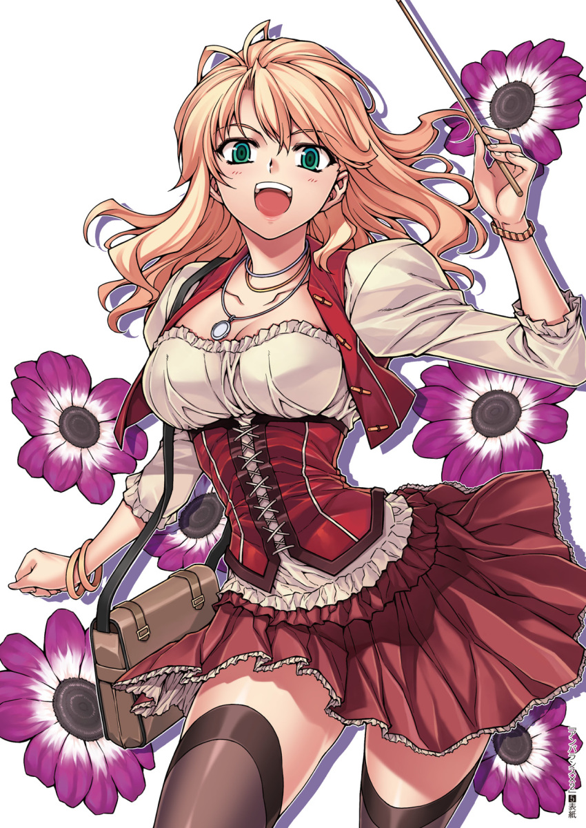 :d bag black_thighhighs blonde_hair breasts caroline cleavage corset female flower frilled_skirt frills green_eyes handbag highres jewelry large_breasts long_hair necklace open_mouth pointer puffy_sleeves skirt smile solo soo-hyon_lee thighhighs unbalance_unbalance wand watch wristwatch