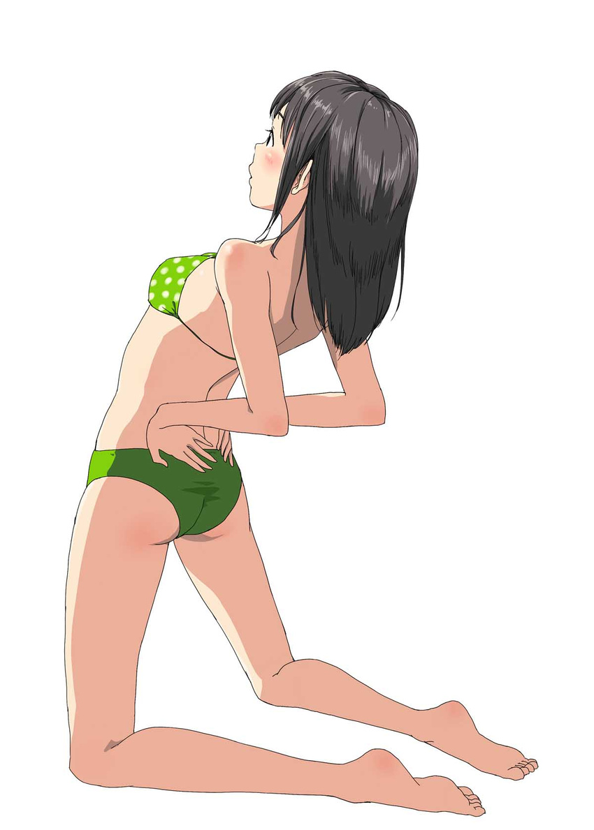 arched_back ass bikini black_hair commentary_request female from_behind full_body green_bikini highres imao_kiiru jpeg_artifacts original photoshop_(medium) plantar_flexion solo stretching swimsuit