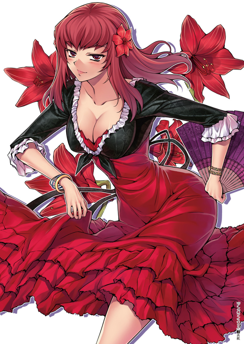 amaryllis_(flower) blush bracelet breasts cleavage dress female floral_background flower folding_fan hair_flower hair_ornament hand_fan highres jewelry large_breasts leaning_forward lips long_hair looking_at_viewer park_jae-kyung red_dress red_eyes red_flower red_hair smirk solo soo-hyon_lee unbalance_unbalance