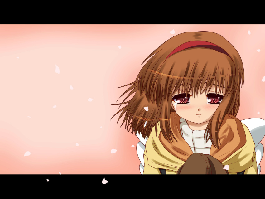 akabashi_yuusuke backpack bad_id bad_pixiv_id bag brown_hair brown_mittens commentary_request female hairband highres kanon letterboxed mittens red_eyes short_hair solo tears tsukimiya_ayu wings