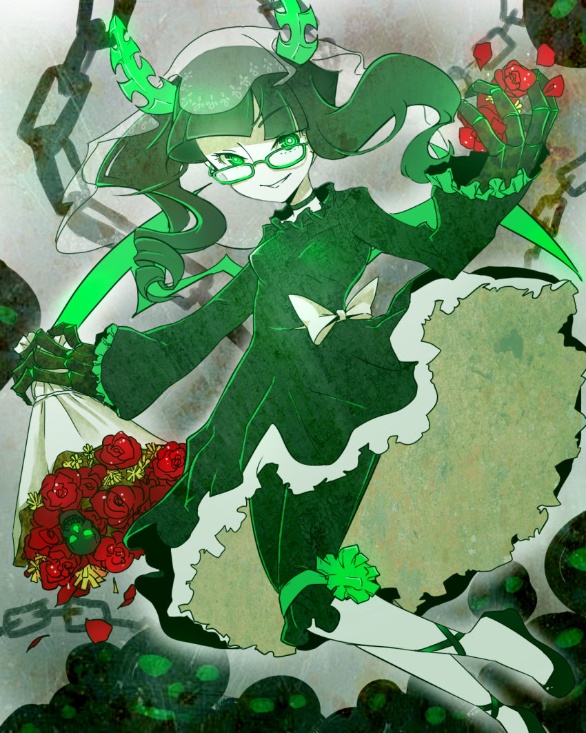 black_hair black_rock_shooter bouquet bridal_veil chains commentary_request dead_master dress female flower glasses goldfishu grin highres horns leggings long_hair looking_at_viewer rose shoes skull smile solo veil wings