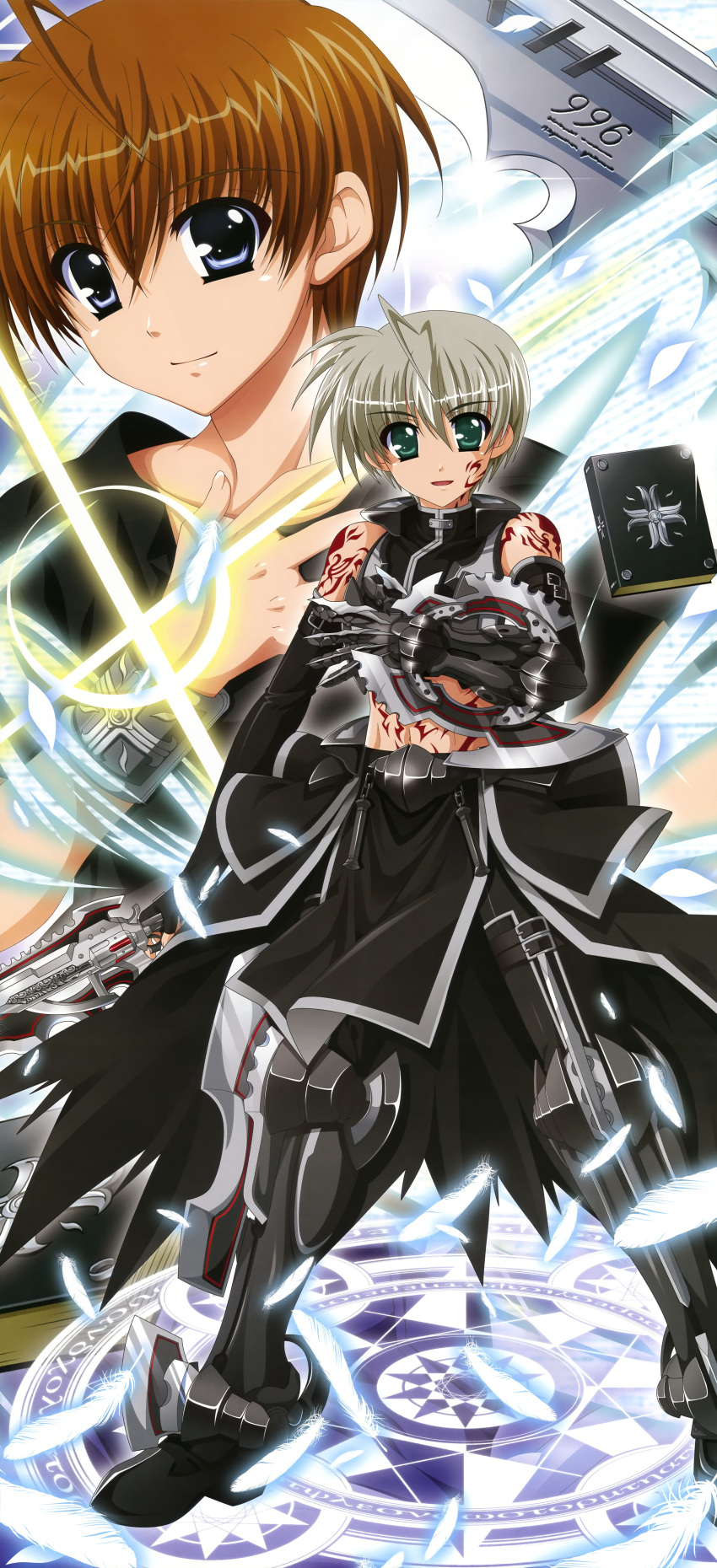 1boy absurdres ahoge bible_of_silver_cross brown_hair ec_divider_code-996 green_eyes grey_hair higa_yukari highres imageboard_desourced lyrical_nanoha mahou_senki_lyrical_nanoha_force male_focus non-web_source nyantype official_art scan solo stick_poster thoma_avenir