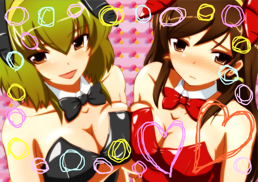 2girls animal_ears bare_shoulders blush bow bowtie breast_hold breasts brown_eyes brown_hair cleavage collarbone commentary_request green_hair hairband heart kami_nomi_zo_shiru_sekai kasuga_hinoki kasuga_kusunoki large_breasts lipstick long_hair makeup multiple_girls open_mouth playboy_bunny rabbit_ears siblings sisters yuu_yuu_(netaeshi58)