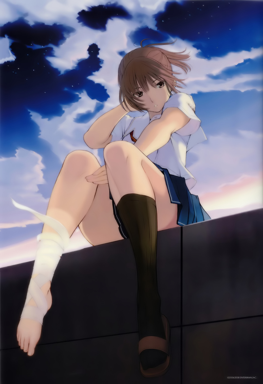 absurdres bandages barefoot black_socks brown_eyes brown_hair cloud female from_below highres kibina_high_school_uniform kimi_kiss kneehighs pleated_skirt ponytail sakino_asuka sandals school_uniform serafuku single_kneehigh single_sock sitting skirt sky socks solo sprain takayama_kisai toes