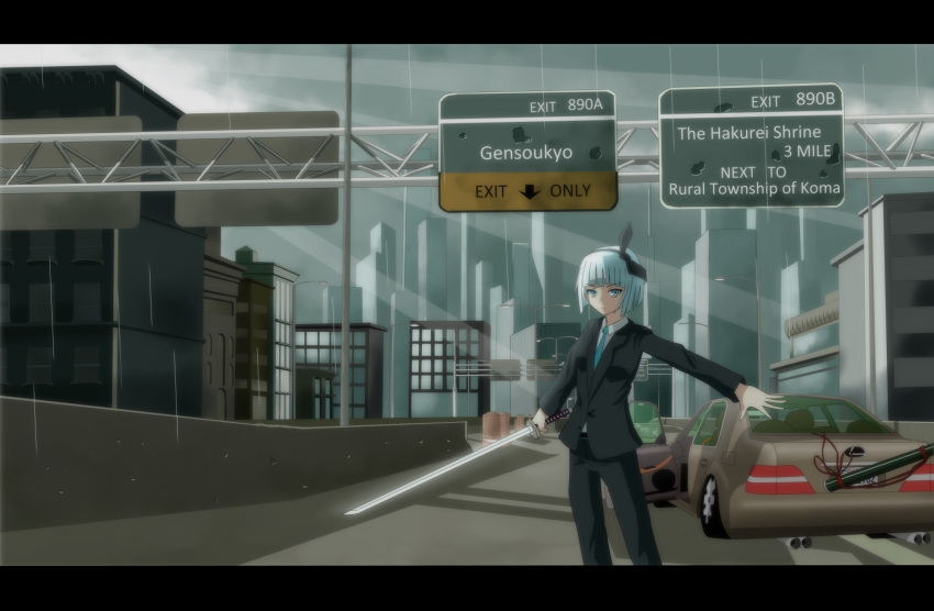 alternate_costume anime_coloring bad_id bad_pixiv_id car city cityscape contemporary dress_shirt female formal grey_eyes hair_ribbon highres highway katana konpaku_youmu letterboxed lexus motor_vehicle necktie rain ribbon road road_sign scabbard sheath shirt short_hair sign solo suit sword throwing tomon_(slash0410) touhou weapon white_hair