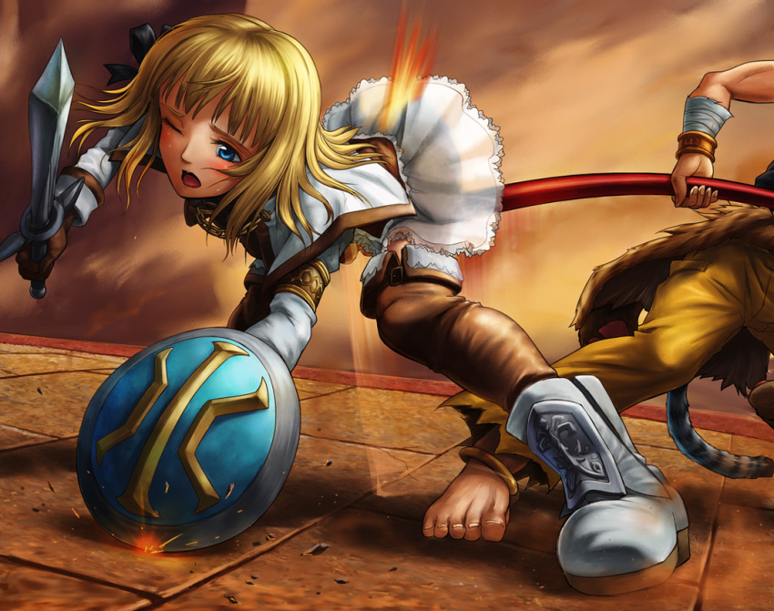 1boy barefoot blonde_hair blue_eyes coat commentary_request cunt_punt female fur_coat i-rabi one_eye_closed pain pole pyrrha_alexandra shield skirt soulcalibur soulcalibur_v sword thighhighs weapon xiba