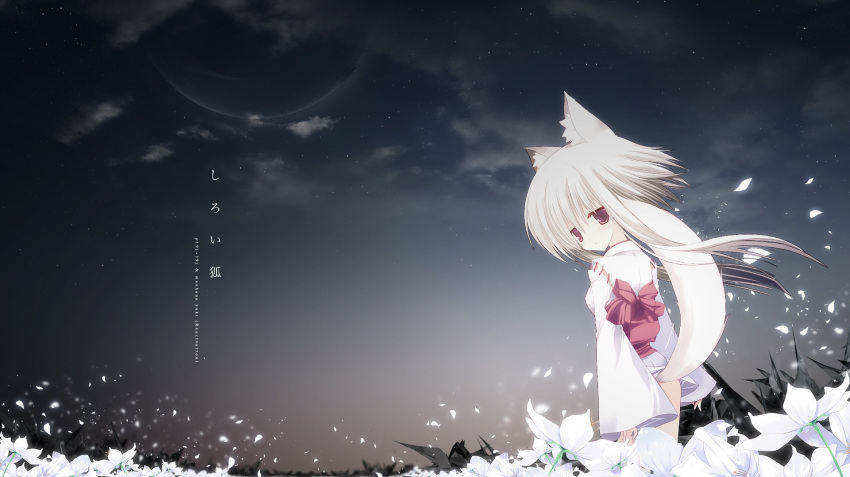 animal_ears flowers japanese_clothes miko night nopan original p19 sky stars tail