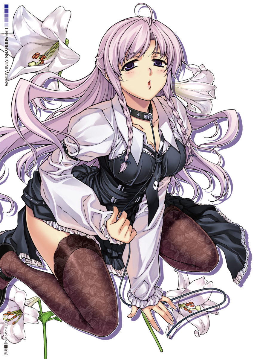 :o ahoge arm_support black_thighhighs blush bondage bondage bound braid breasts chains cleavage collar eun_ami female floral_background floral_print flower highres lace large_breasts leaning_forward leash lily_(flower) long_hair looking_at_viewer open_mouth purple_eyes purple_hair scan simple_background sitting slave solo soo-hyon_lee thighhighs twin_braids unbalance_unbalance wariza white_flower white_lily