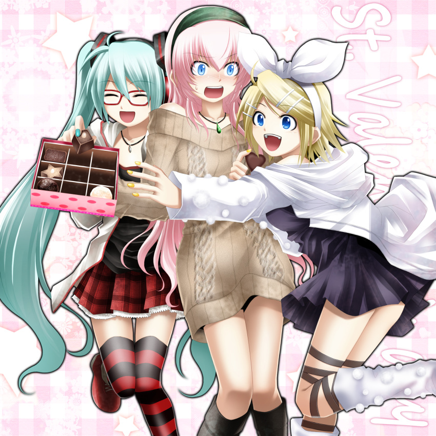 3girls aqua_hair bad_id bad_pixiv_id blonde_hair blue_eyes blush boots box box_of_chocolates chocolate closed_eyes glasses hair_ornament hair_ribbon hairband hairclip hatsune_miku highres jewelry kagamine_rin kocchi_muite_baby_(vocaloid) kuromayu long_hair megurine_luka multiple_girls nail_polish necklace open_mouth photoshop_(medium) pink_hair ribbon short_hair skirt striped_clothes striped_thighhighs sweatdrop sweater thighhighs twintails valentine very_long_hair vocaloid