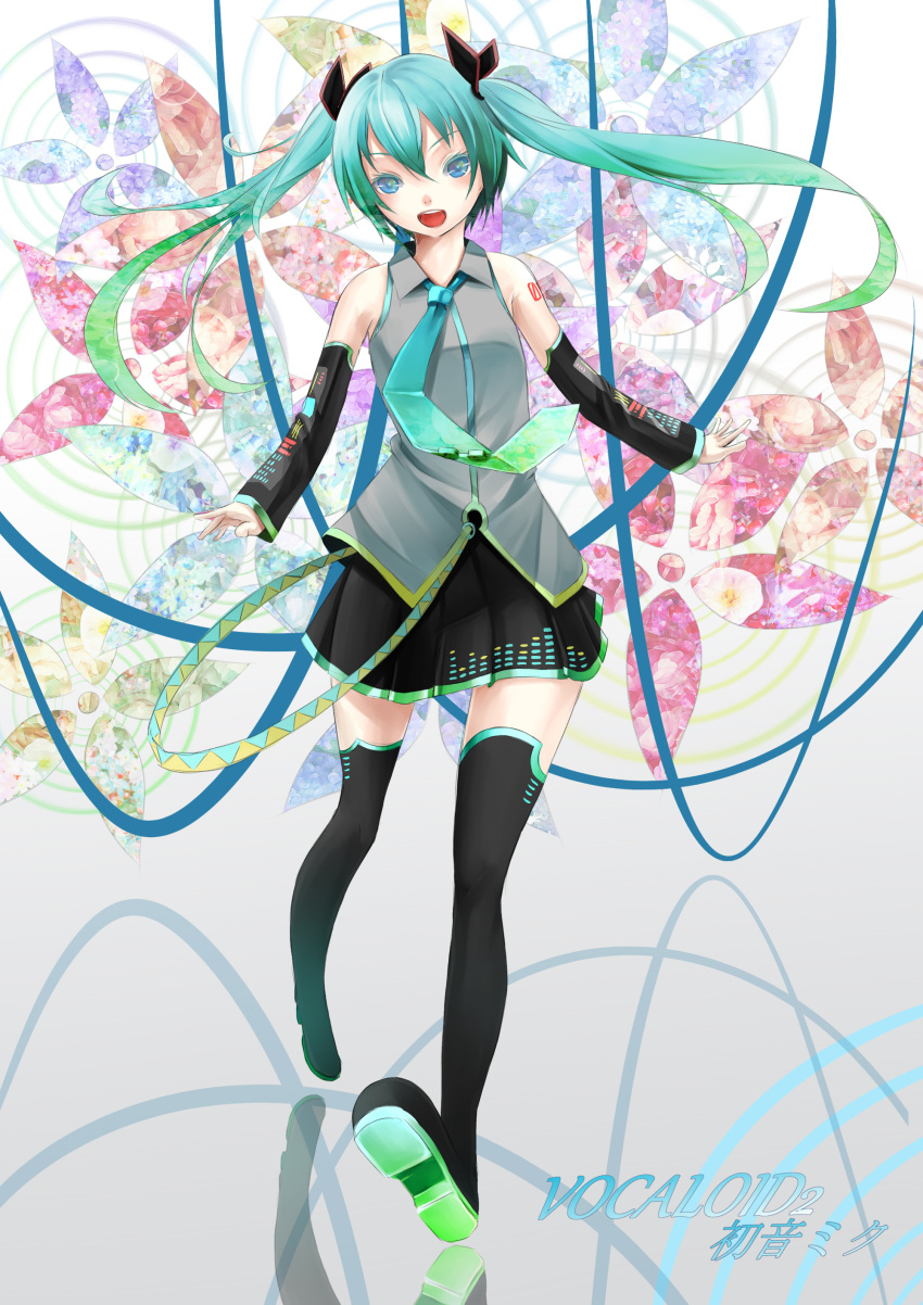 absurdres aqua_eyes aqua_hair bad_id bad_pixiv_id belt detached_sleeves female hair_ribbon hatsune_miku highres long_hair necktie open_mouth reio_reio ribbon skirt smile solo thighhighs twintails vocaloid zettai_ryouiki