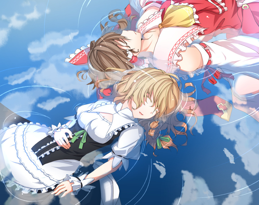 2girls afloat apron ascot black_dress blonde_hair blue_sky bow braid brown_hair closed_eyes cloud commentary_request day detached_sleeves dress hair_ribbon hair_tubes hairbow hakurei_reimu hand_on_own_stomach highres kinsenka kirisame_marisa multiple_girls outdoors reflection ribbon shirt skirt skirt_set sky touhou water wrist_cuffs