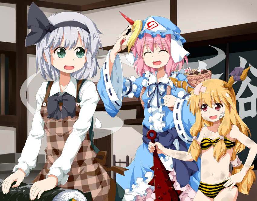 3girls animal_print apron arm_up bandages basket bikini blonde_hair blue_dress bow character_mask closed_eyes club_(weapon) commentary_request cosplay dirty dress ehoumaki food ghost green_dress green_eyes grey_hair hair_ribbon hand_on_own_hip hat horn_ornament horn_ribbon horns hoshiguma_yuugi ibuki_suika kanabou konpaku_youmu konpaku_youmu_(ghost) long_hair lum lum_(cosplay) makizushi mask multiple_girls navel oni_mask pink_hair red_eyes ribbon ruu_(tksymkw) saigyouji_yuyuko sash setsubun shirt short_hair single_horn smile soot spiked_club sushi sweatdrop swimsuit tiger_print touhou urusei_yatsura veil weapon